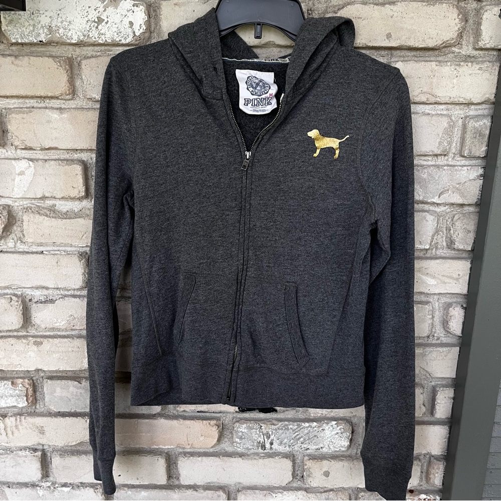 Pink Victoria Secret medium gray full zip front jacket hoodie